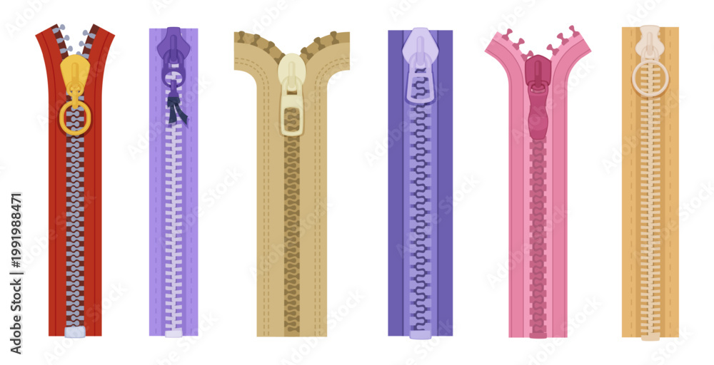 Fototapeta premium Zipper. Clothes fashioned tools exact vector cartoon colored zipper