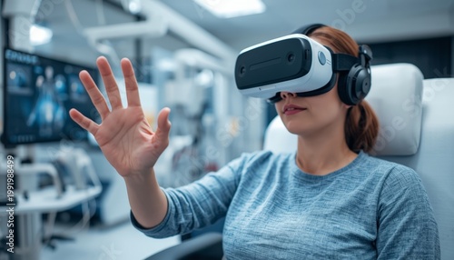 There is a woman wearing a virtual reality headset in a room