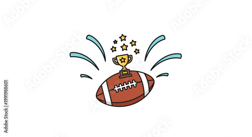 American football with trophy and stars.