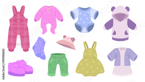 Baby clothes. Items and fashioned clothes for new born kids exact vector cartoon template