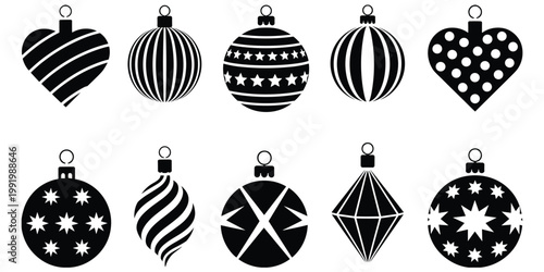 Christmas ornament silhouette illustration, festive holiday decoration artwork, bauble vector design, seasonal decor drawing, black and white style