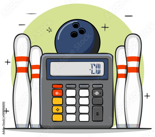 Bowling score calculation concept with cartoon calculator, ball, and pins illustration