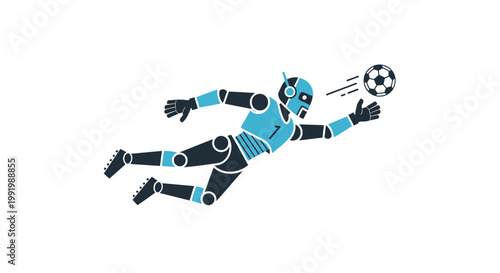 Robot goalkeeper in action kicking soccer ball.