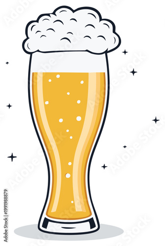 Cartoon illustration of a full glass of beer with foam and bubbles, refreshment concept