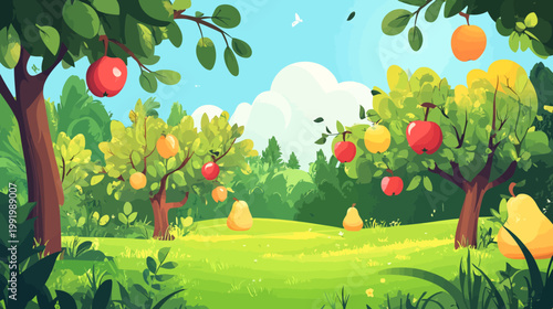 A vibrant garden scene with trees bearing red and yellow fruit, set under a clear blue sky