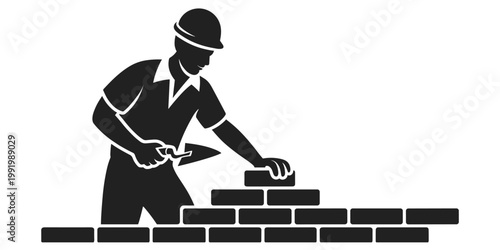 Construction worker silhouette, bricklaying with trowel, hard hat safety gear, manual labor craftsmanship artwork concept, building process flat vector illustration