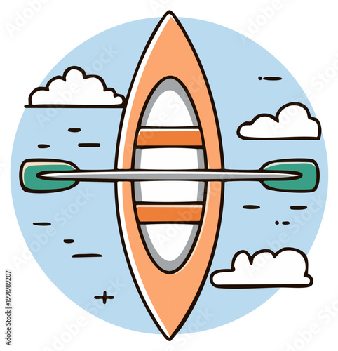 Cartoon orange canoe with paddle on blue water surrounded by fluffy clouds summer adventure