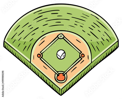 Cartoon Baseball Field with Diamond and Ball Overhead View Illustration