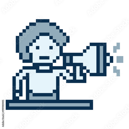 Cartoon cute megaphone and man shout announce speaker with information,8bit,declare,voice.