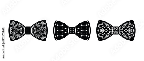 Three detailed black bow tie icons with intricate patterns on transparent background.