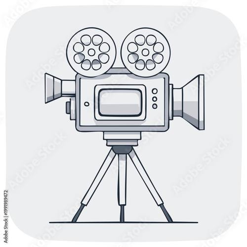 Doodle drawing of retro movie camera with film reels on a tripod