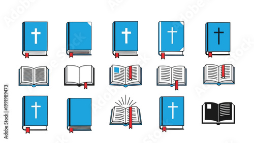 Collection of icons representing religious symbols and sacred books