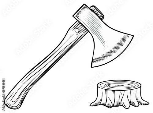 Classic woodcutting axe and log stump in detailed line art illustration