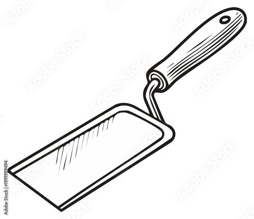Illustration of a flat rectangular trowel with a handle, suitable for masonry or garden work