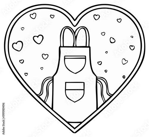 Line art illustration of a cooking apron inside a heart shape, surrounded by small scattered hearts