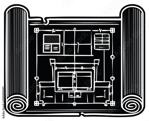 Detailed architectural blueprint drawing of a building floor plan illustration on unrolled paper for construction design