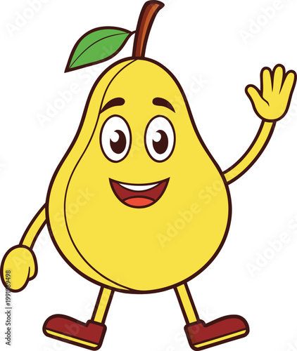 Cheerful yellow pear fruit character cartoon happily walking and waving hello with a friendly smile