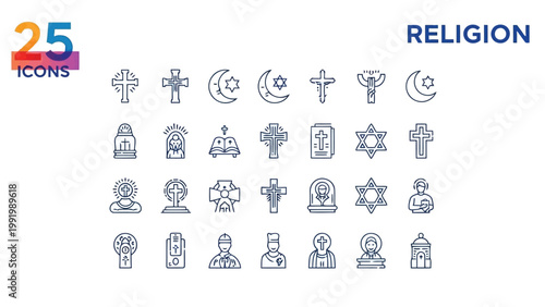 Collection of twenty-five icons representing diverse global religious symbols and figures