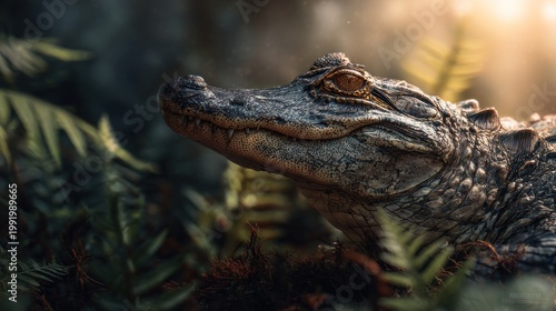 Close-up portrait of an alligator resting amidst lush ferns in the wild