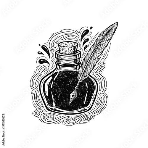 Vintage ink bottle with quill pen and ink splashes on transparent background.