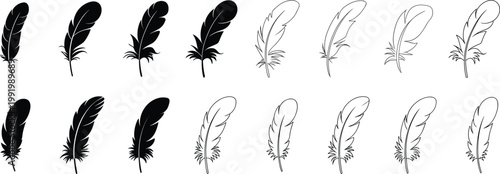 Set of black feather icons and outline sketches isolated on white background, decorative quill illustrations collection for design