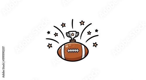American football with trophy and stars.