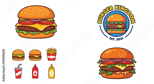 Burger kingdom branding with various burger illustrations and fast food items