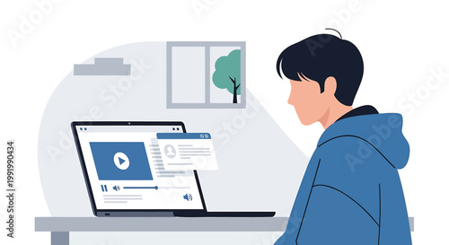 Remote worker, laptop user, office workspace, vector illustration, blue hoodie, modern technology