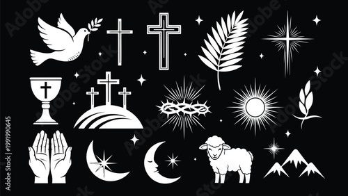 Collection of religious and spiritual symbols depicted in minimalist white icon style