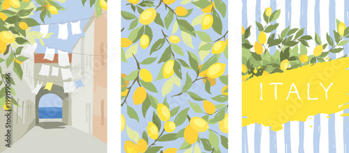Summer trip to Italy. Lemons and lemonades. Summer and Mediterranean themed design set. Hand drawn vector illustration in watercolor style.