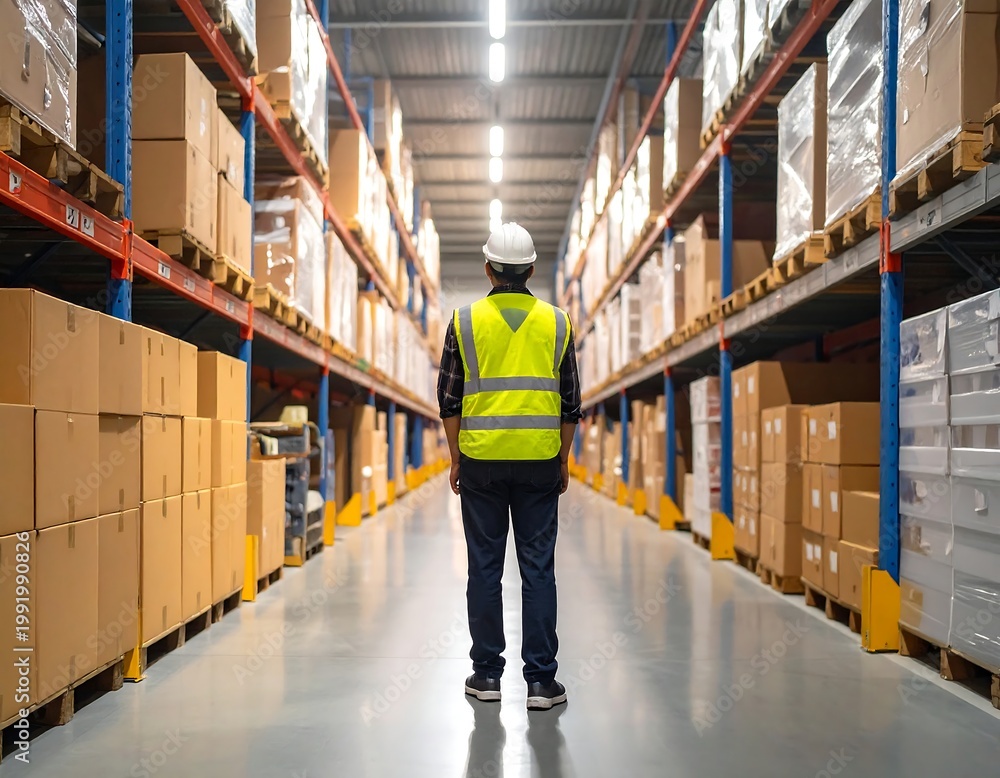 Obraz premium A worker in high-visibility vest and helmet stands, surveying a vast warehouse aisle stacked with packaged goods