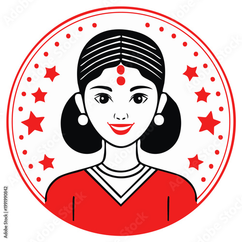 Traditional Indian Woman Portrait with Bindi and Festive Border