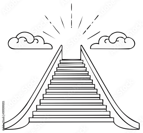 Simple Stairway to Light with Clouds Hand Drawn Line Art, Ascent to the Sky, Spiritual Journey, Black and White Vector Illustration