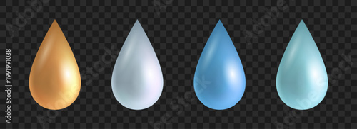 3D Glossy Water Drop Icon Set Realistic Blue Gold Silver Droplet Shapes for Rain Weather Sweat Tears Liquid Symbols Isolated Background Vector Illustration