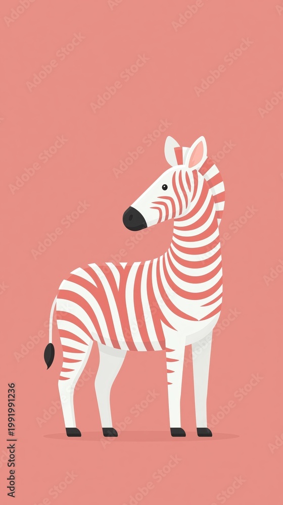 Fototapeta premium Minimalist Vector Illustration of a Zebra with Orange Stripes on Coral Background