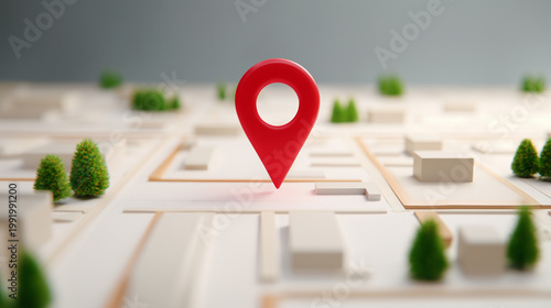 city map with red location pin in miniature urban layout, gps navigation concept, route planning, geolocation marker, smart city mapping, destination point, cartography, delivery t
