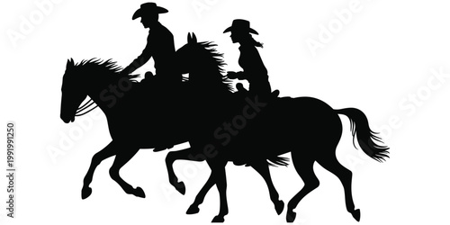 Horseback riding silhouette illustration, cowboy riders artwork, equestrian motion vector, companionship design composition, western lifestyle character illustration