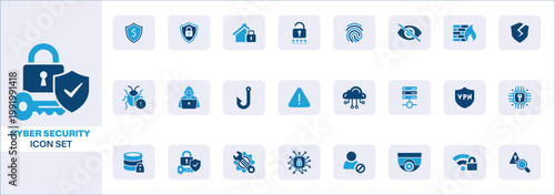 Modern cybersecurity icons collection featuring lock shield firewall vpn privacy hacking risk and data protection elements clean flat vector design pack