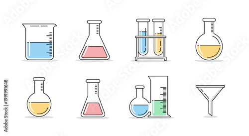 Collection of colorful laboratory glassware and equipment icons.