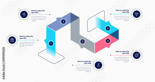 Isometric process flow chart divided into five colorful stages. Flat infographic design with icons and thin lines for workflow layout, banner or web design.