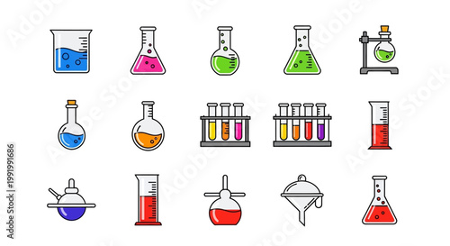Collection of colorful laboratory glassware and equipment icons.