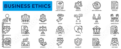Business Ethics icon collection. Contains icons for ethics, responsibility, transparency, integrity, fairness, law, morality, honesty, values. Line vector illustration.