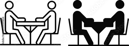 Simple silhouette illustration of people seated at tables in a meeting or discussion