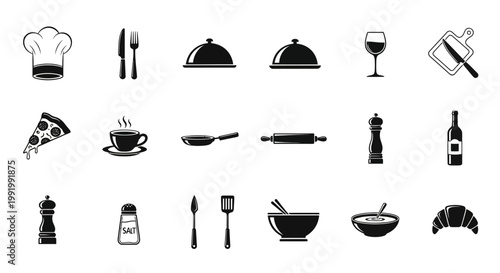 Collection of Culinary Icons Representing Food Preparation and Service.