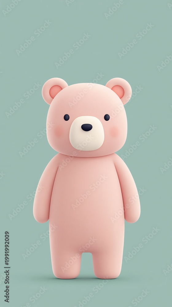 Fototapeta premium Minimalist Cute Pink 3D Teddy Bear Character Standing on a Pastel Green Background