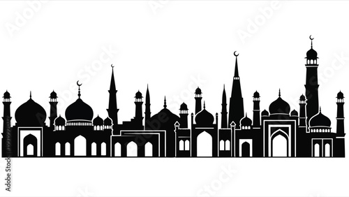 Silhouette of a grand mosque skyline with distinct architectural domes and minarets