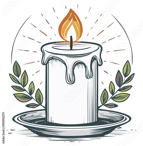 Vintage candle with flame and ornate plate. Romantic illustration for design elements.