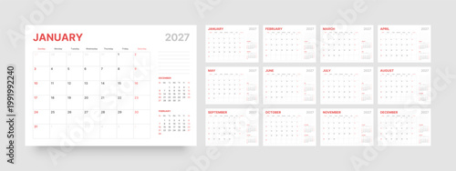 Monthly calendar template for 2027, designed as a planner, with weeks starting on Sunday.