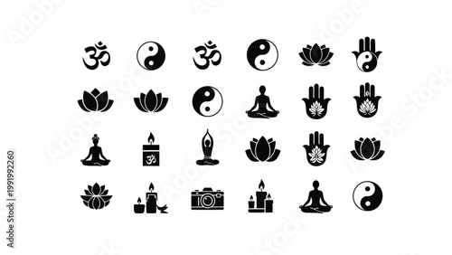 Collection of iconic symbols from yoga and eastern spiritual traditions