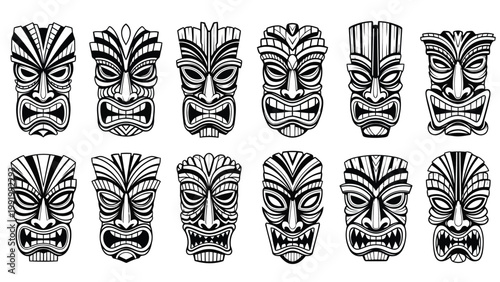 Collection of traditional polynesian tiki masks in black and white line art style